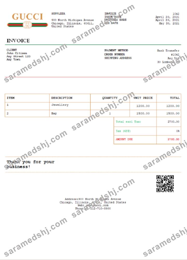 USA Gucci invoice template